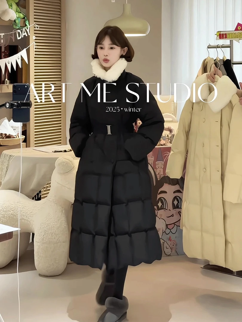 韩系毛绒翻领方格设计感保暖棉服冬季中长款过膝收腰立领系带棉袄