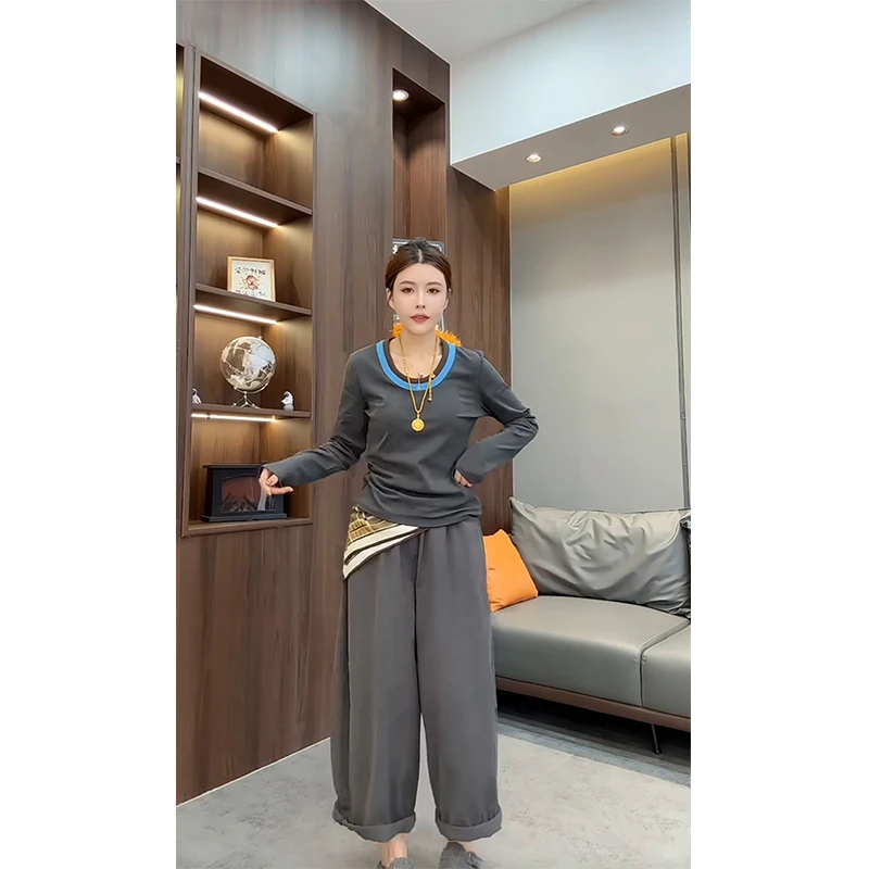 欧货2025秋冬新款撞色时尚潮流长袖t袖打底衫百搭休闲舒适上衣女