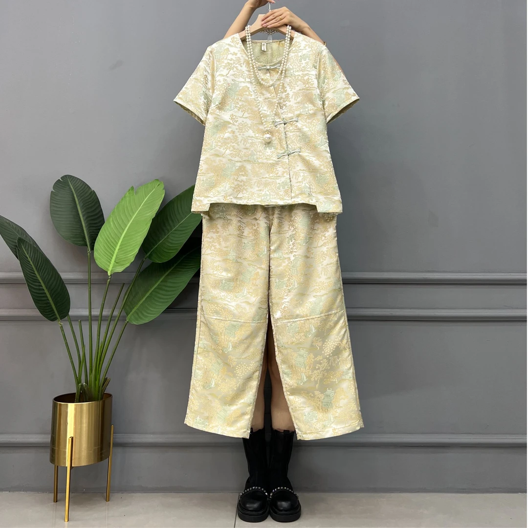 2025夏季新款新中式国风提花宽松显瘦短袖衬衫上衣裤子两件套8032