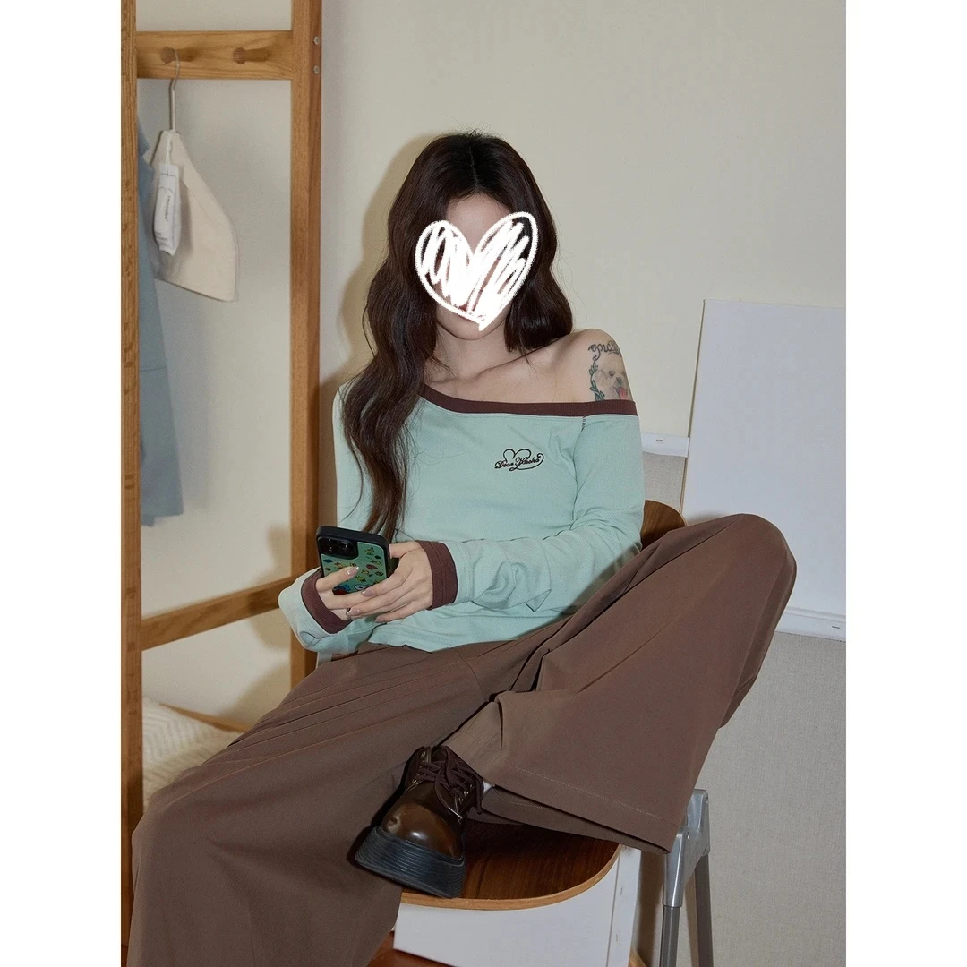 韩系纯欲风一字领斜肩长袖t恤女秋季设计感甜辣chic短款打底上衣