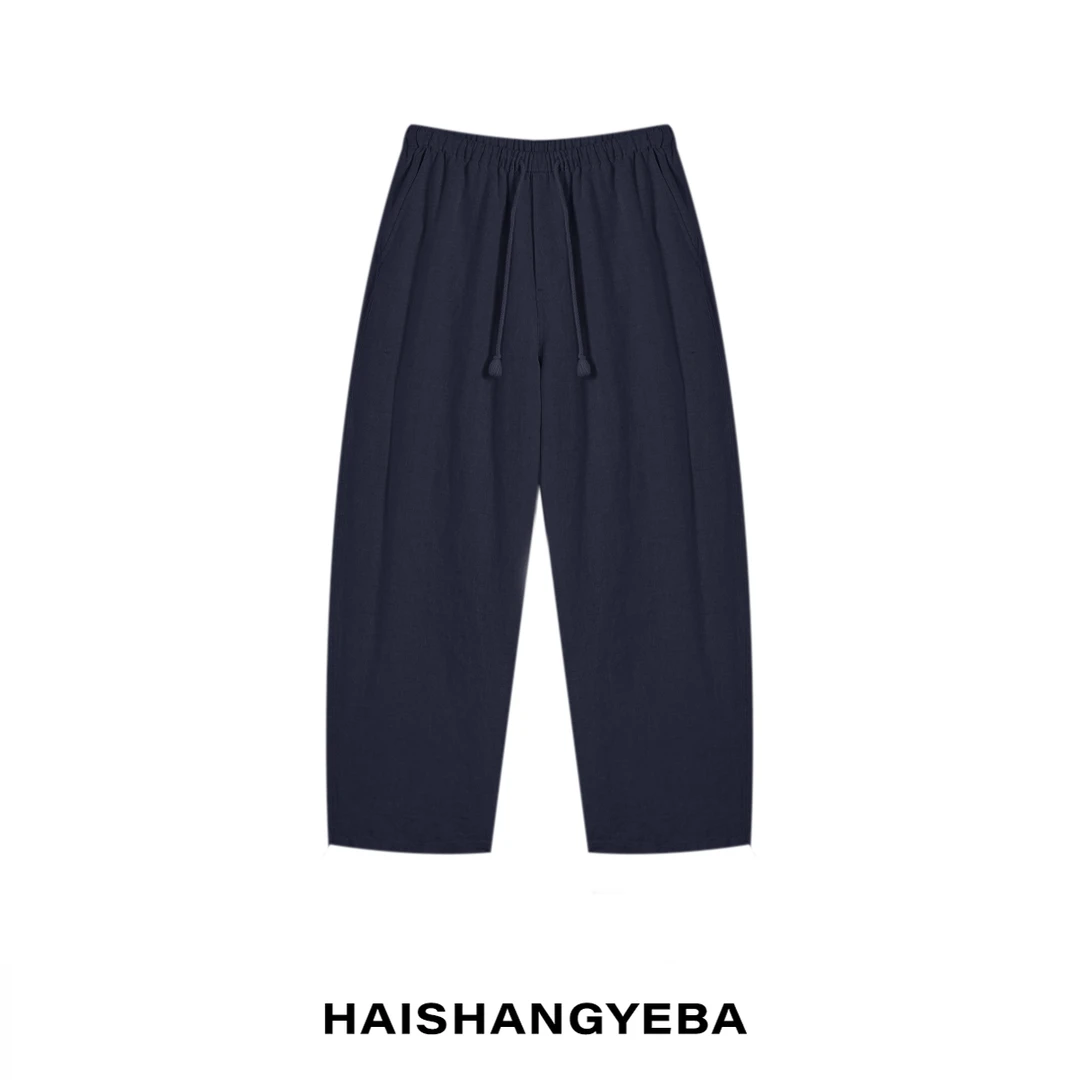 【海上叶爸】新款2025春夏百搭亚麻松紧腰抽绳宽松直筒休闲裤