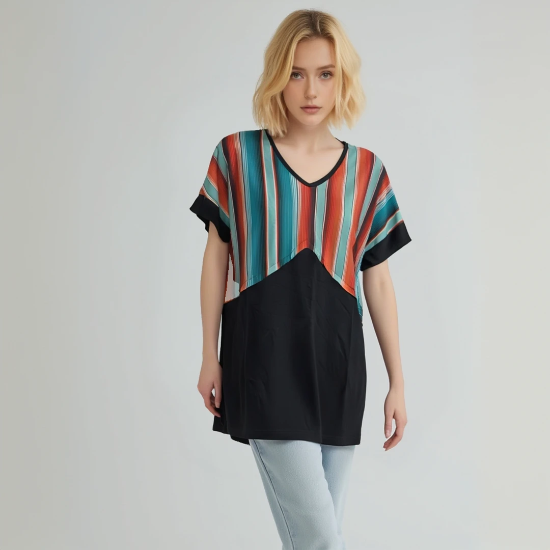 6034黑底红绿竖纹短袖