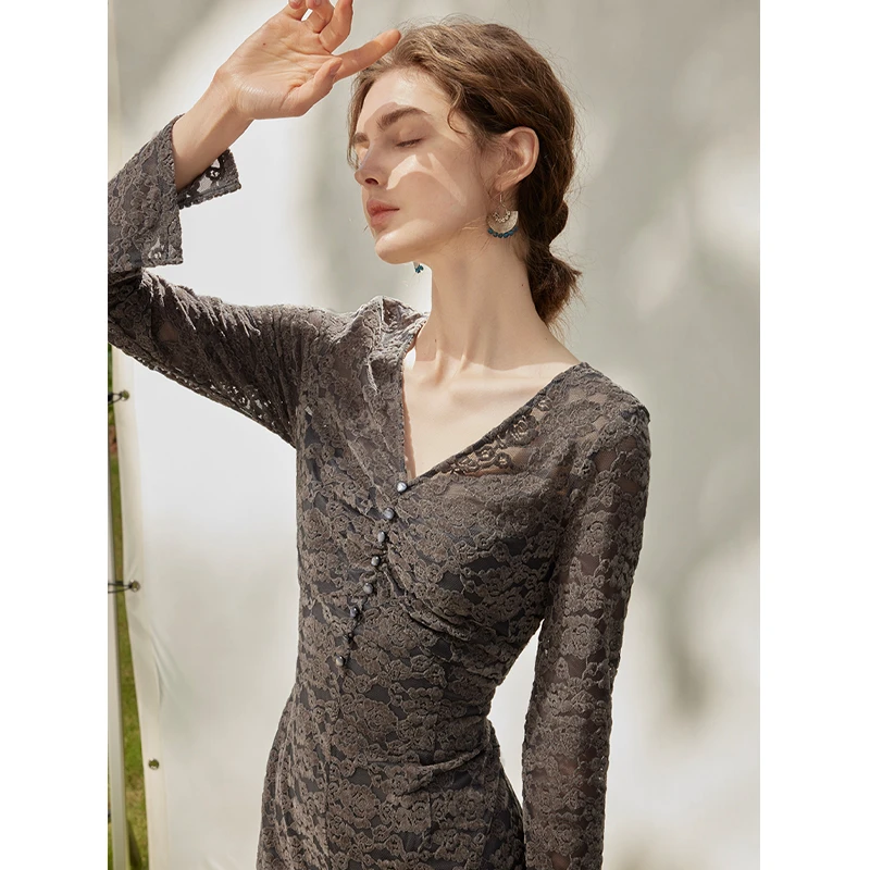 Mix Selection｜梦露 法式轻奢v领绒面蕾丝连衣裙MSDIQ1032