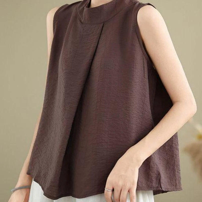 大码肌理感棉麻半高领无袖T恤女夏季新款宽松显瘦洋气外穿背心女