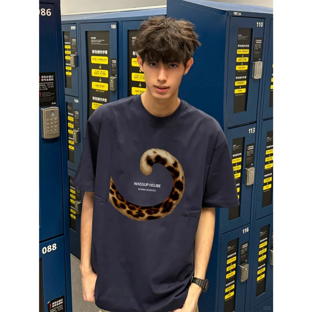 100%纯棉美式潮牌豹纹尾巴字母印花短袖T恤男女夏季休闲百搭上衣