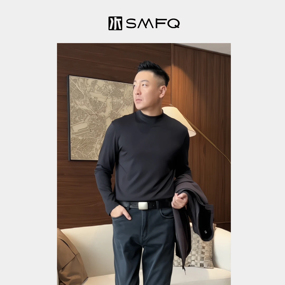 水木夫妻【男款】“暖弹贴身”加绒莫代尔 保暖高弹舒适休闲半高领T恤