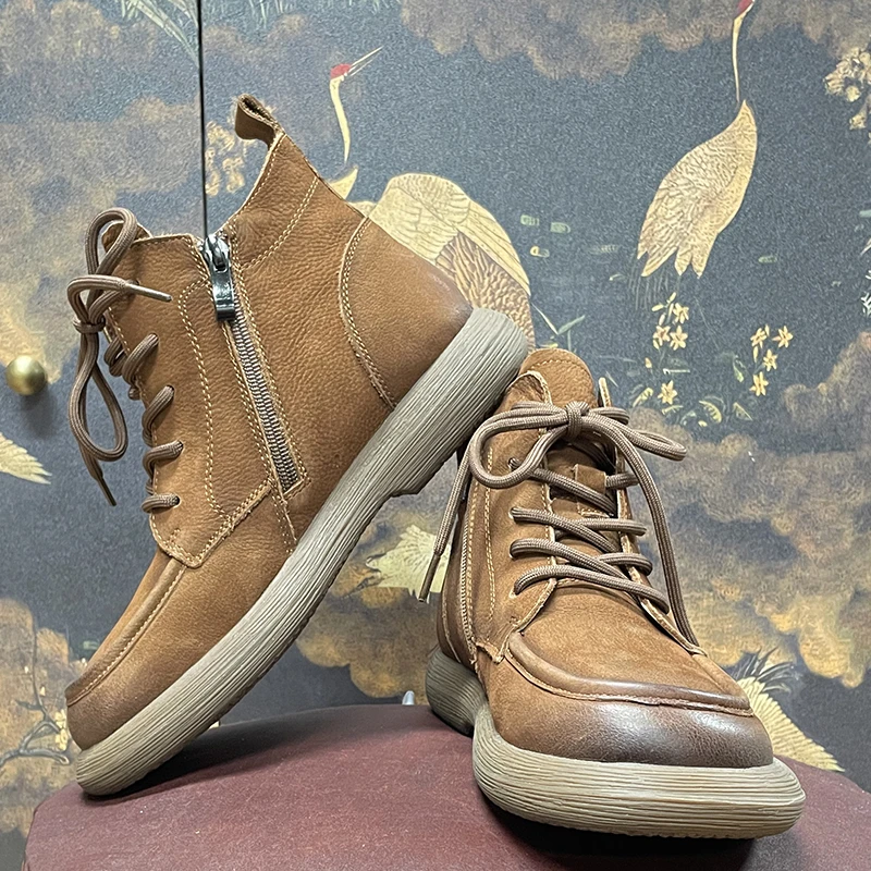 秋冬牛皮马丁靴平跟软底防滑短靴内里加绒真皮女鞋