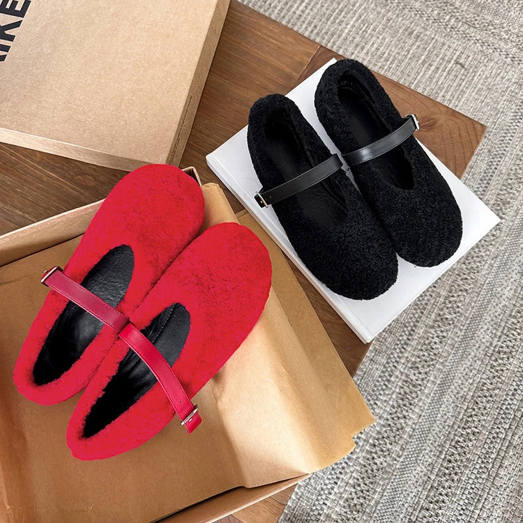 玛丽珍毛毛鞋女2025新款冬外穿一脚蹬软底圆头浅口真毛一字带单鞋