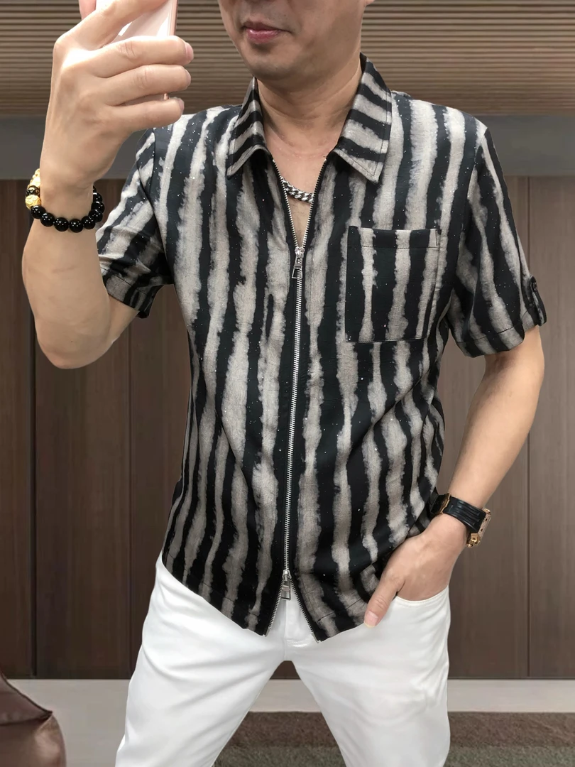 （断码清仓冰丝）夏季男土高端时尚休闲潮流双拉链开衫短袖衬衫5335