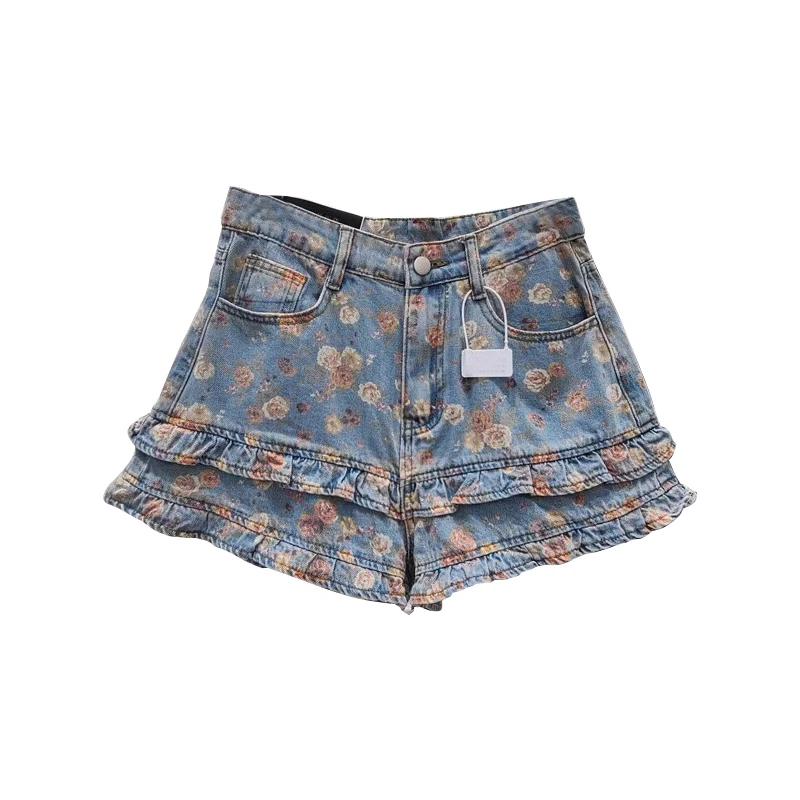 A字热裤欧货2025年夏季薄款洋气印花木耳荷叶边拼接高腰牛仔短裤