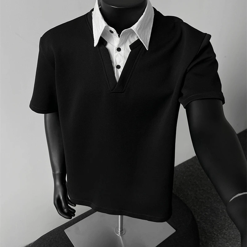 假两件衬衫领Polo衫短袖男款夏季拼接V领t恤cleanfit美式潮牌半袖