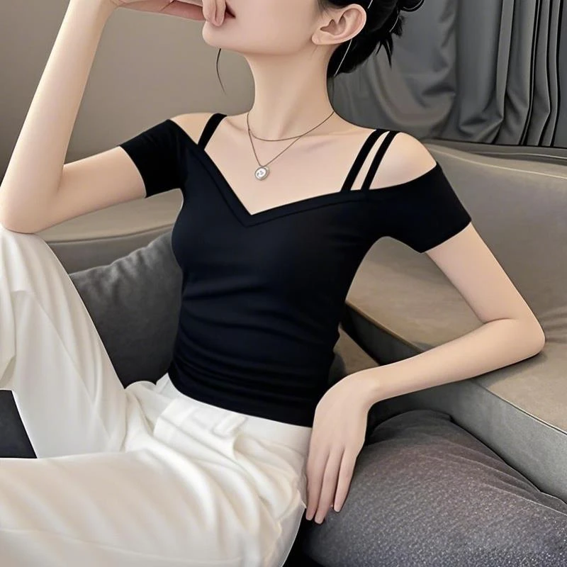 2025新款夏季黑色修身一字肩高级感短袖T恤女正肩显瘦小众上衣潮