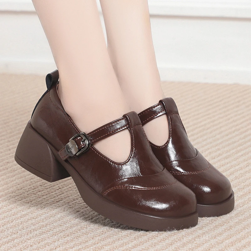 全牛皮厚款皮鞋女鞋纯色玛丽珍单鞋跟鞋增高粗跟高跟防滑圆头白色