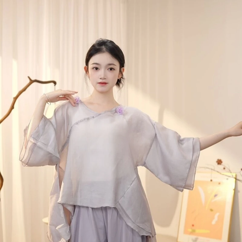 现代舞宽松显瘦中袖飘逸舞蹈服上衣中国舞古典舞民族舞基础练功服