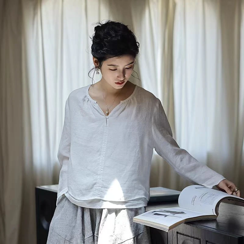 2025春夏新款黑白灰系列防晒显瘦白色亚麻衬衫长袖时尚衬衣上衣女