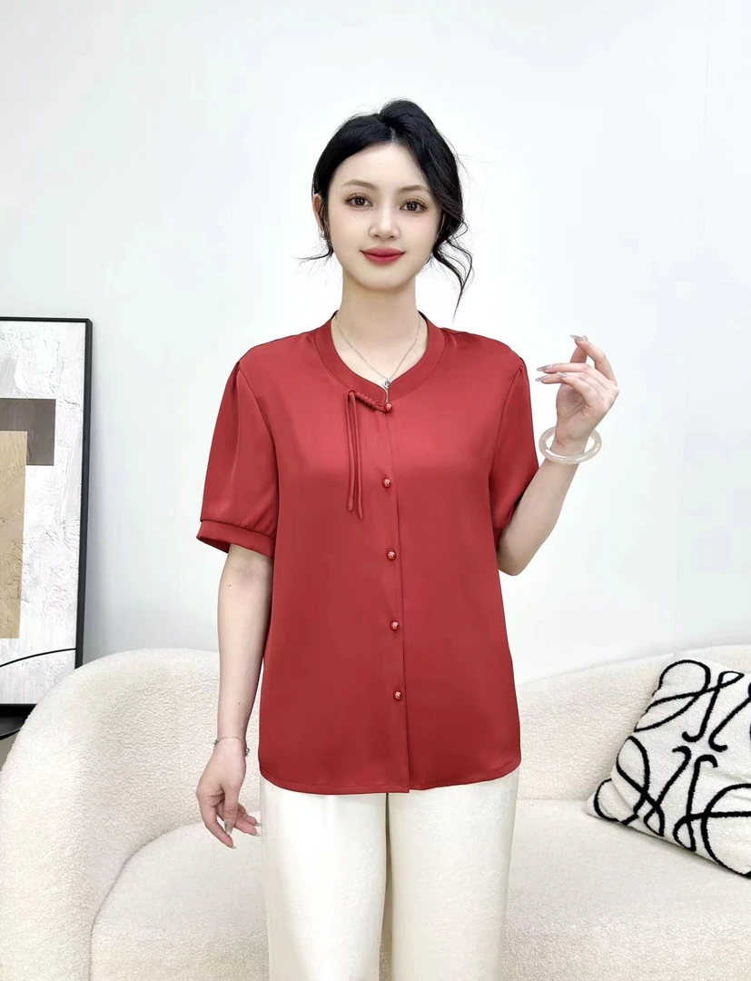 中老年女装时尚夏季红色中老年妈妈装衬衣洋气妈妈装气质百搭