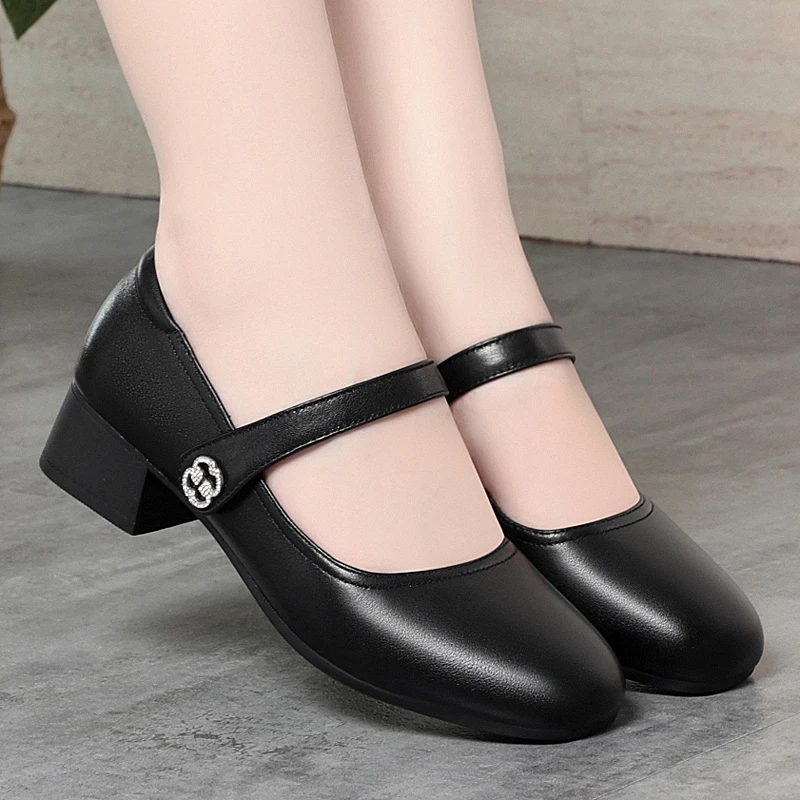 真皮单鞋女鞋粗跟新款夏季玛丽珍鞋子女士软底舒适中跟法式晚晚鞋