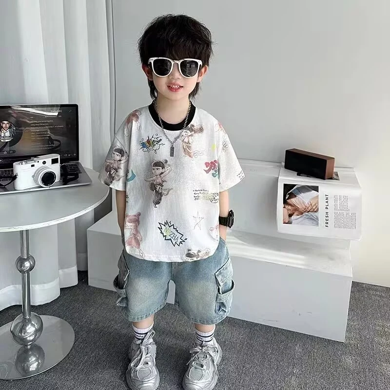 儿童夏装套装2025新款男童夏季帅气男孩宝宝哪吒短袖短裤两件套潮