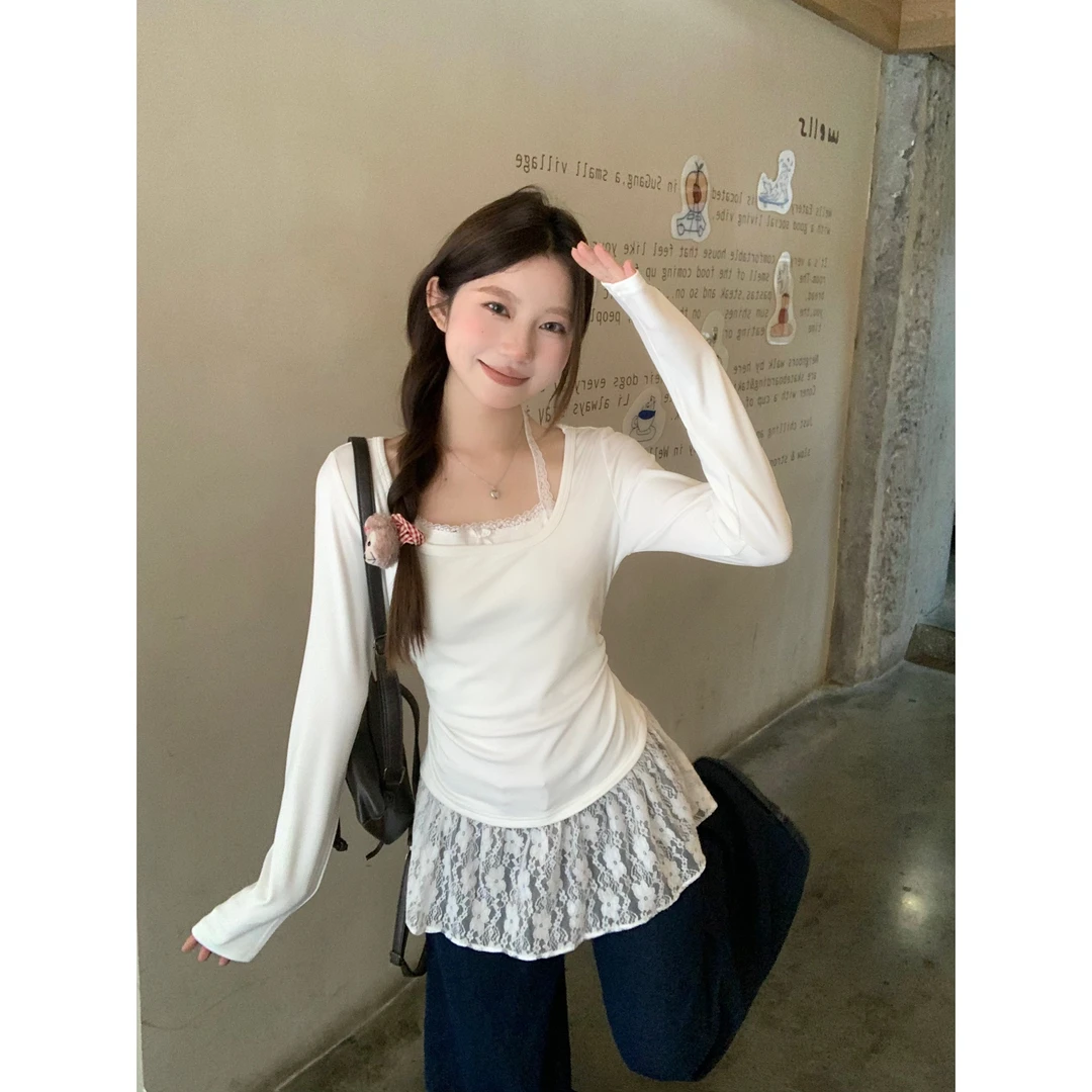 蕾丝拼接假两件挂脖长袖T恤女冬季褶皱修身设计感纯欲打底衫上衣