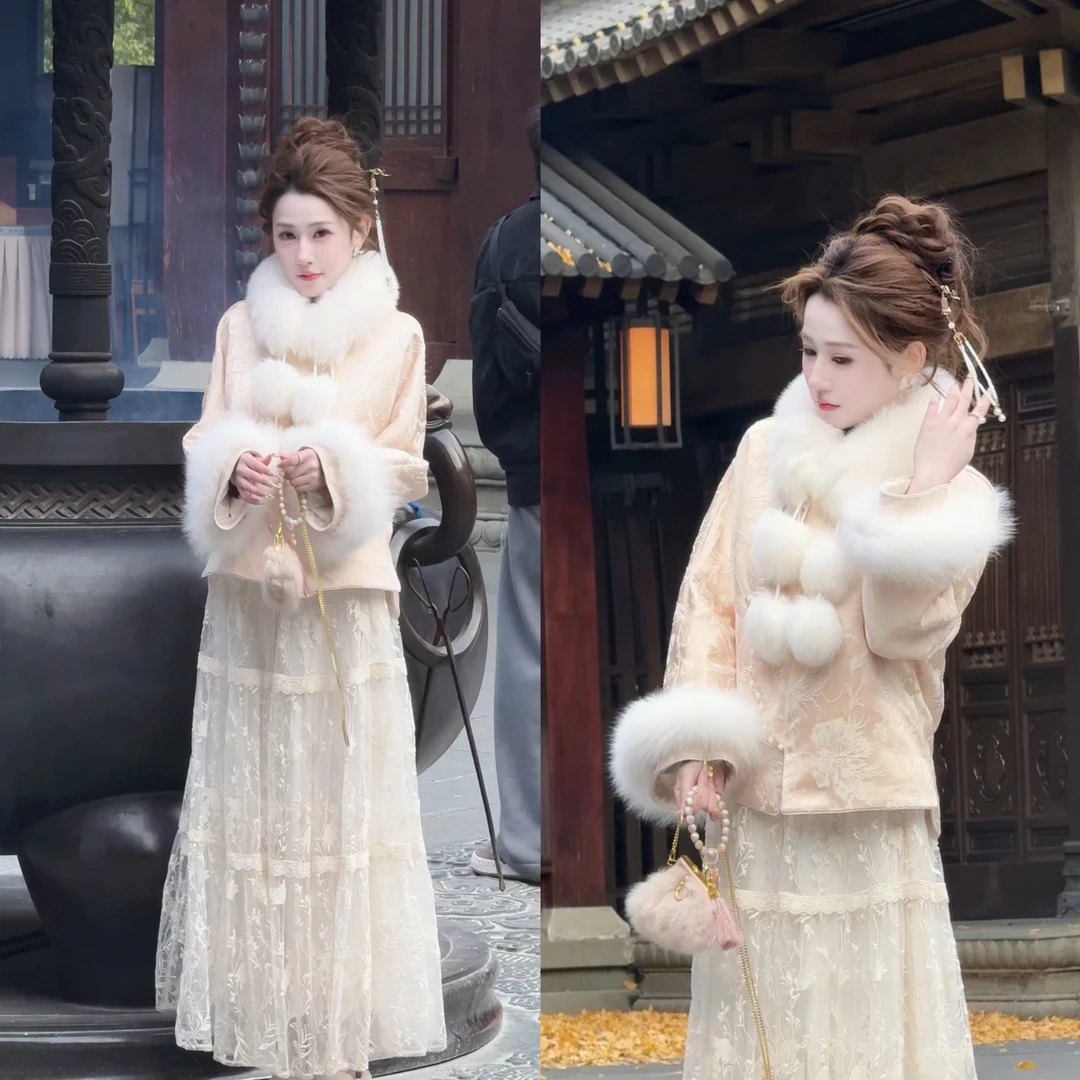 【婷婷】《画中游》双色浮雕提花织金 蕾丝半裙羽绒套装TT2SDTH2855