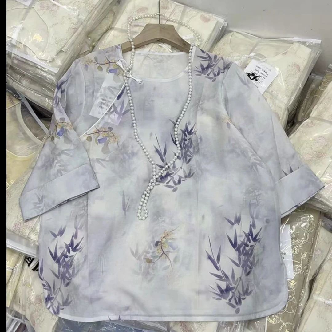 猫家YZM新中式国风复古斜襟圆领盘扣打底短袖上衣