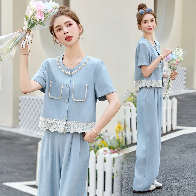 时尚套装女2025新款夏日穿搭一整套蕾丝拼接短袖上衣阔腿裤两件套