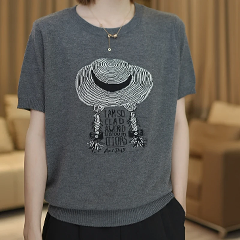 [清仓款]X811012夏季薄款帽子图案针织衫T恤