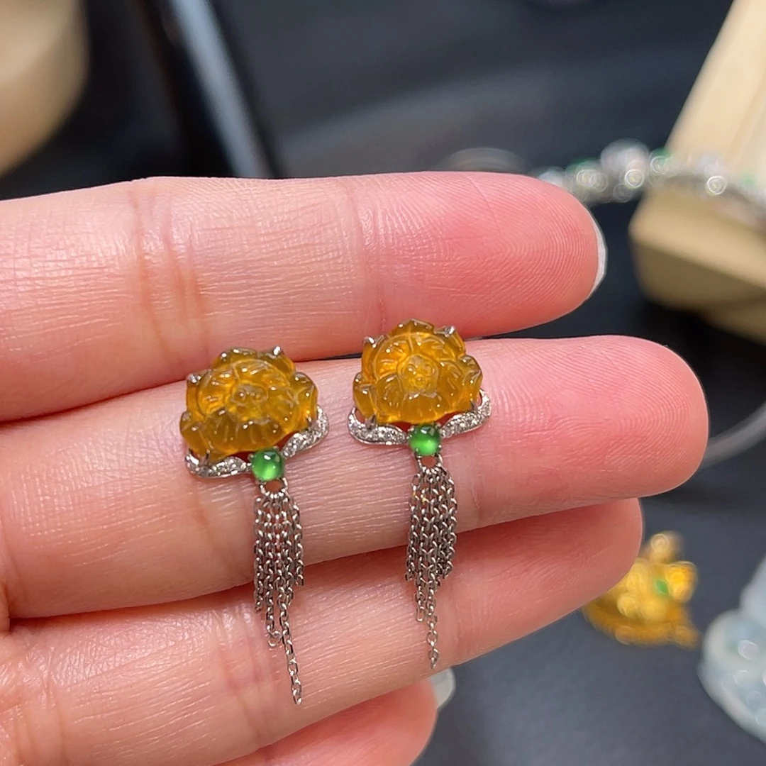 翡翠18K金镶嵌耳饰黄翡花朵