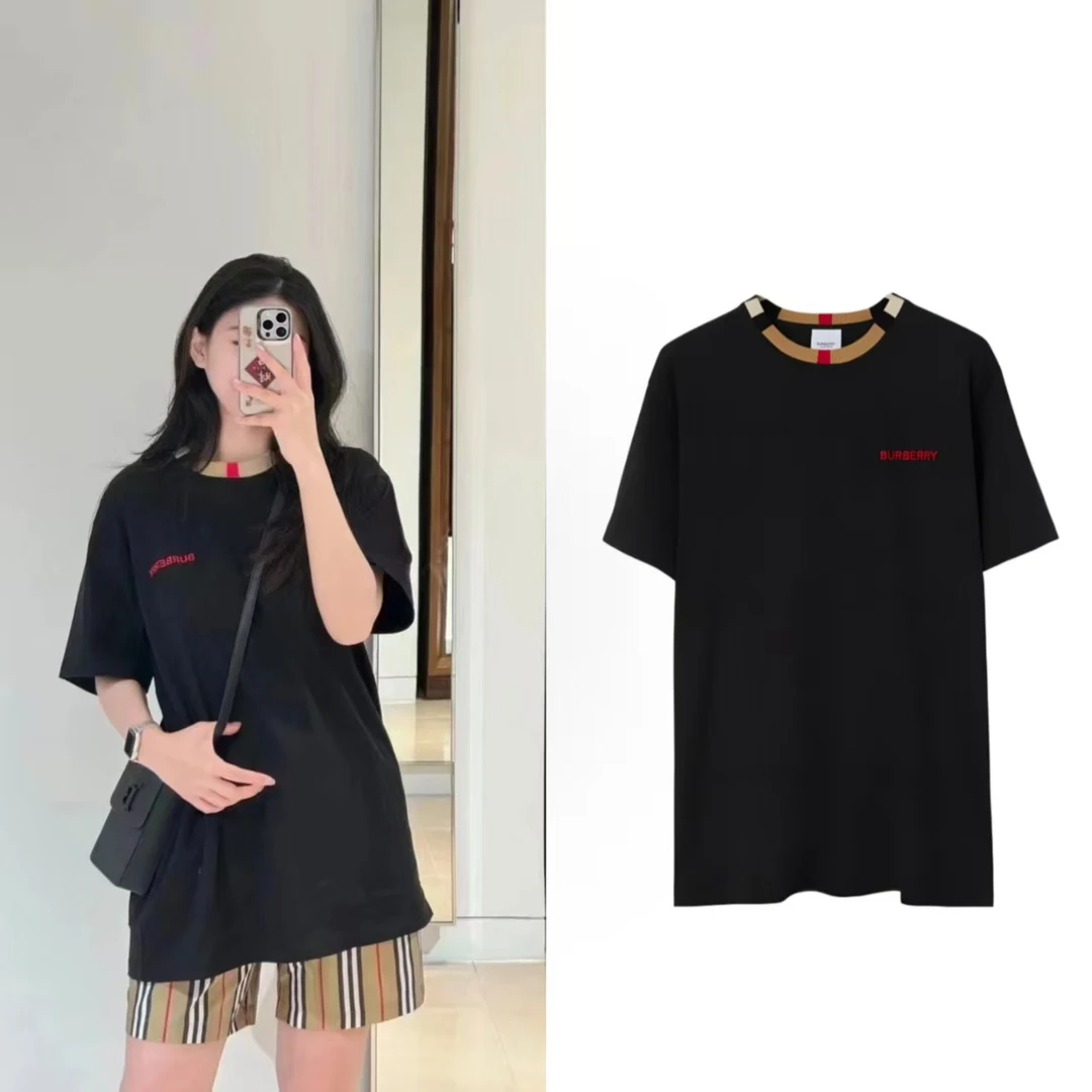 99新 BURBERRY/博柏利 格纹领口纯色圆领短袖T恤 B2419