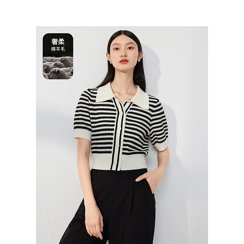 迪赛尼斯2024年春季新款通勤风条纹羊毛开衫短袖翻领毛针织衫女