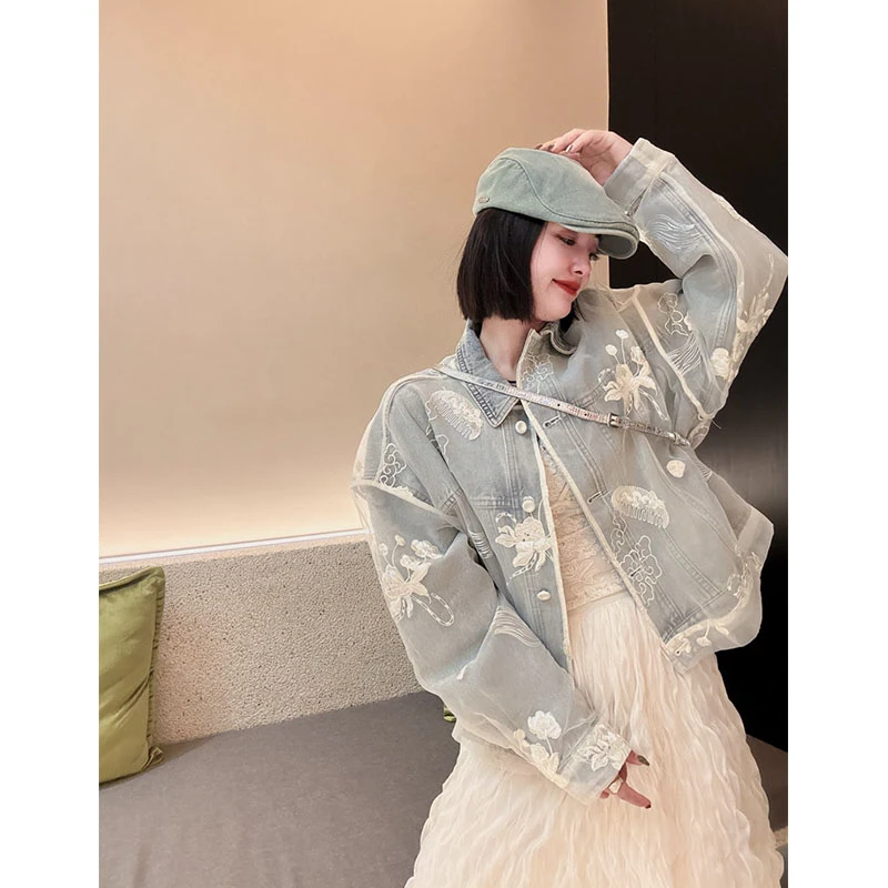 欧洲站2025春季新款新中式蕾丝刺绣拼接牛仔外套女国风复古设计感