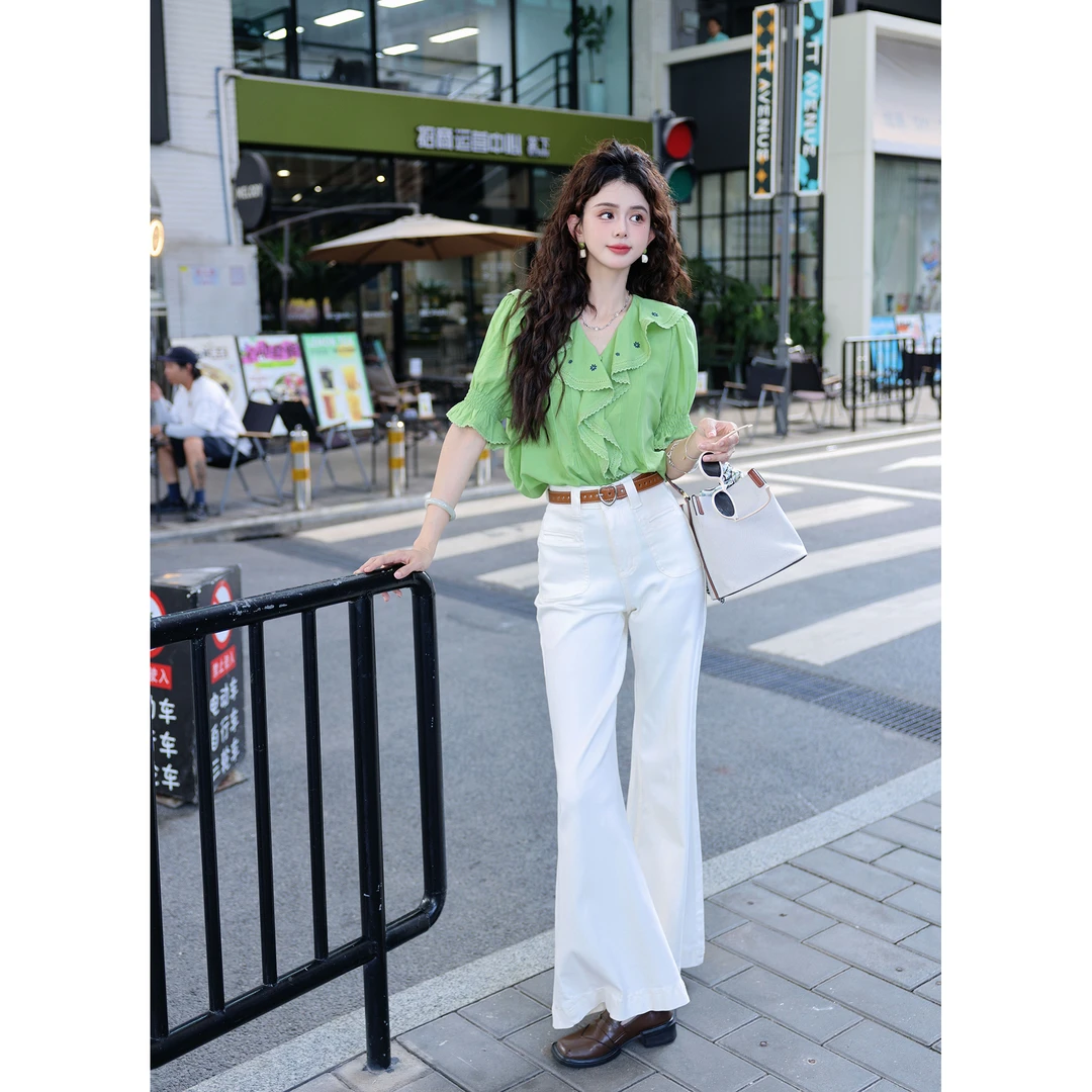 陈大器【翠影青荷】港风复古荷叶边拼接夏季百搭夏季衬衫JO1218238