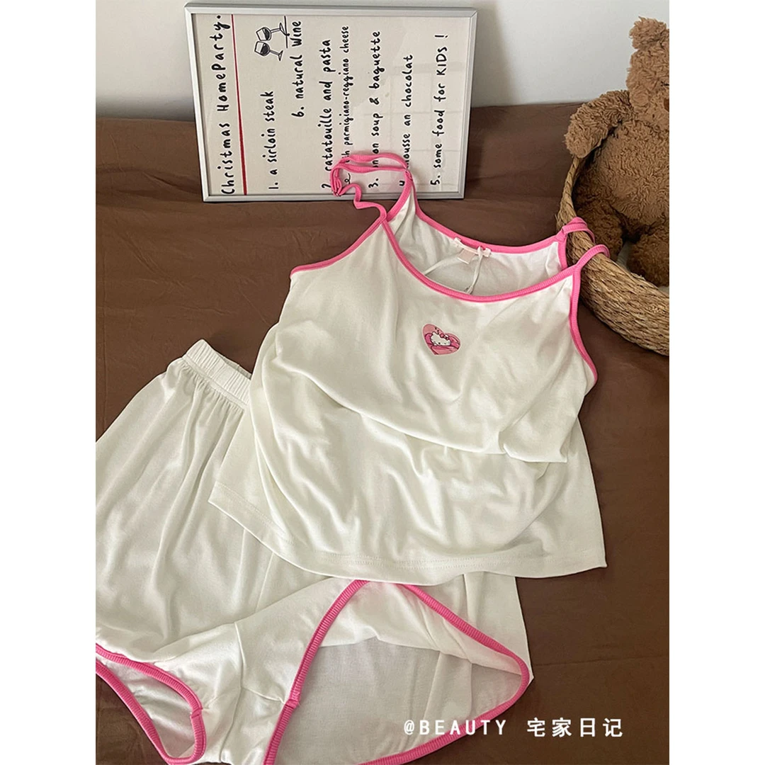 小清新性感修身HelloKitty带胸垫吊带睡衣女2025新款短裤套装夏季