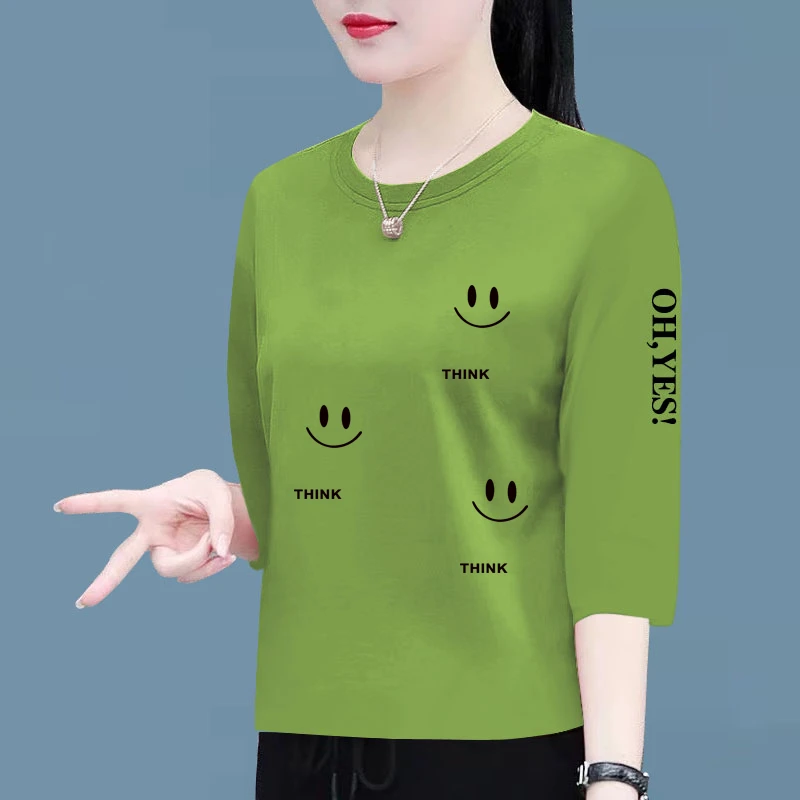 女士纯棉七分袖上衣女春夏新款圆领宽松时尚显瘦不规则印花t恤女