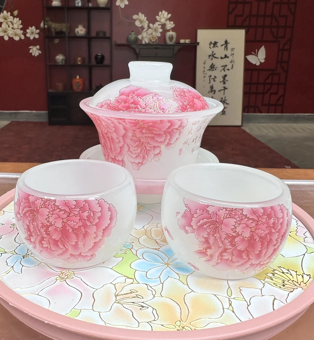 琉璃-牡丹三才盖碗两杯+茶盘