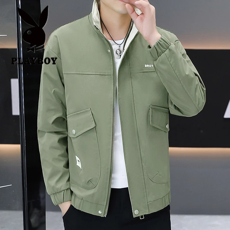 花花公子春秋新款立领夹克男士潮流帅气休闲外套时尚百搭工装上衣