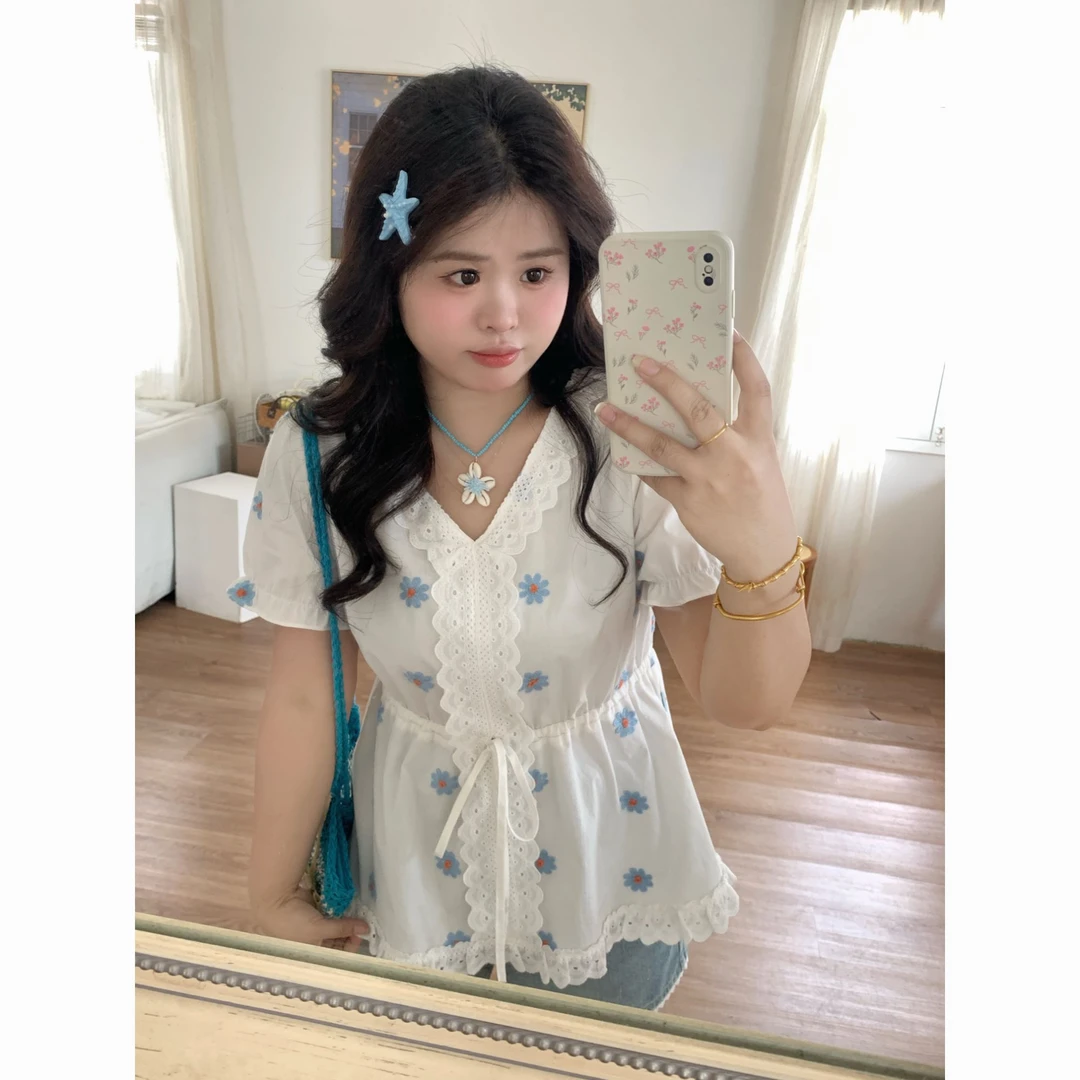 【奶芙甜心】大头婷微胖全棉衬衫夏季花边V领绣花抽绳收腰短袖上衣