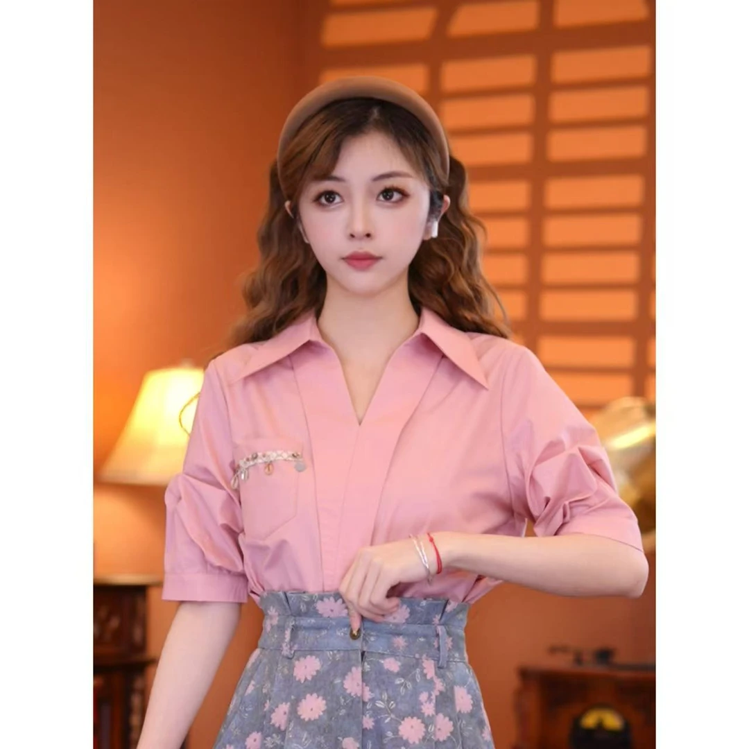 乐乐【初恋光影】春季短袖衬衣透气气质精致设计感上衣01846
