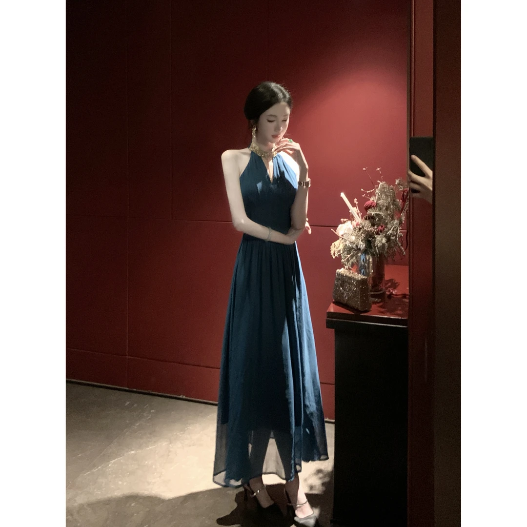 【雅乔定制】情系威尼斯 织带挂脖孔雀蓝雪纺连衣裙DYJJ-25050935