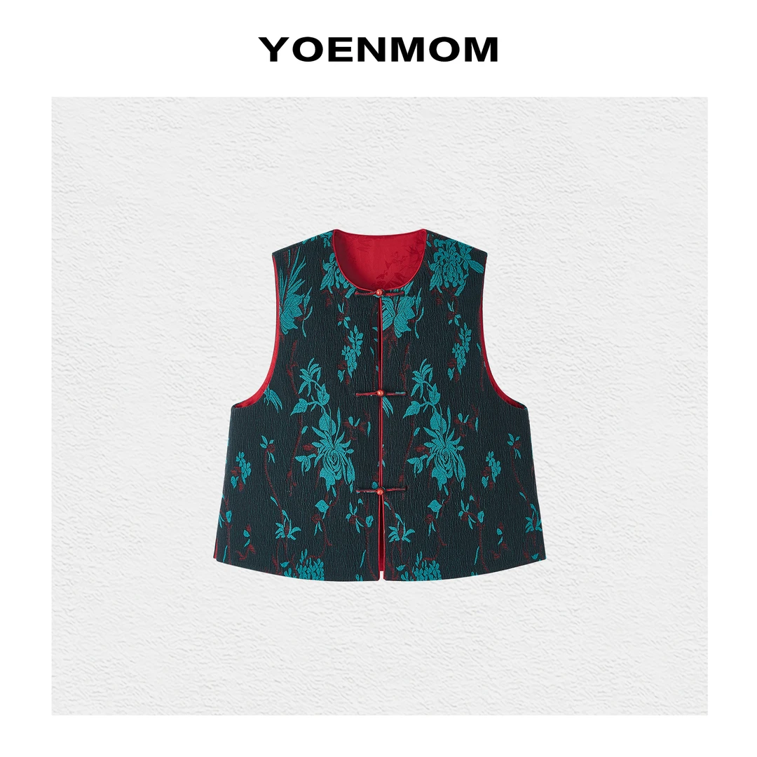 YOENMOM·东方花集·棉质树皮褶肌理感提花非遗大漆扣国风圆领马甲