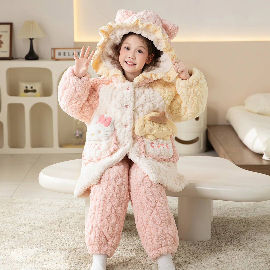 女童珊瑚绒儿童睡衣冬季新款三层夹棉保暖加绒加厚休闲洋气家居服