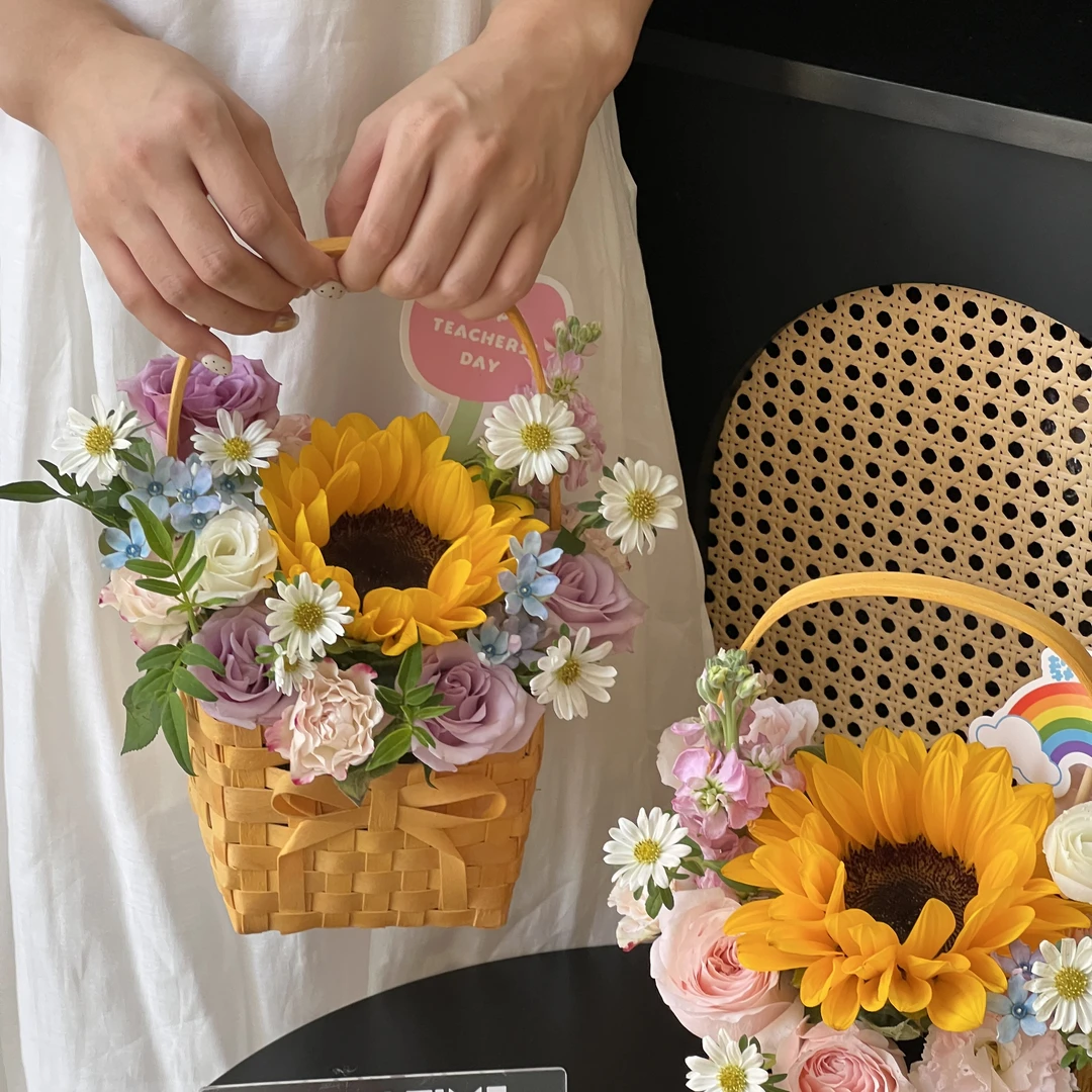 （花园时光）教师节木片手提花篮创意竹编水果篮端午节日鲜花