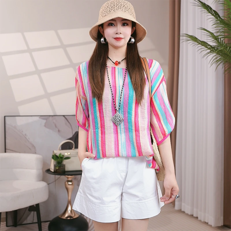 2025夏装新款欧货竖条纹印花遮肚显瘦上衣女短袖时尚百搭洋气小衫