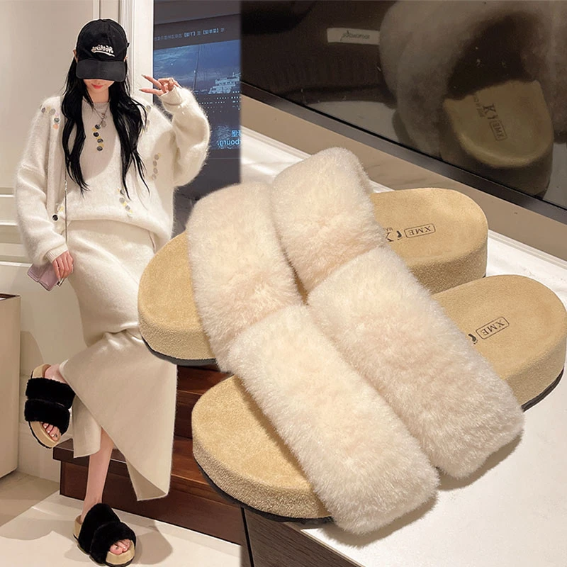 厚底毛茸茸一字棉拖鞋女外穿2025秋冬新款绝美仙女风勃肯毛毛拖鞋