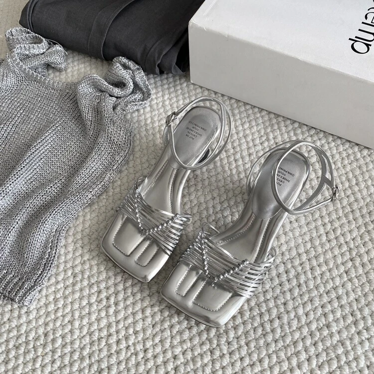 [NANA]新款度假风小众手工编织方头露趾气质高跟鞋一字带法式凉鞋