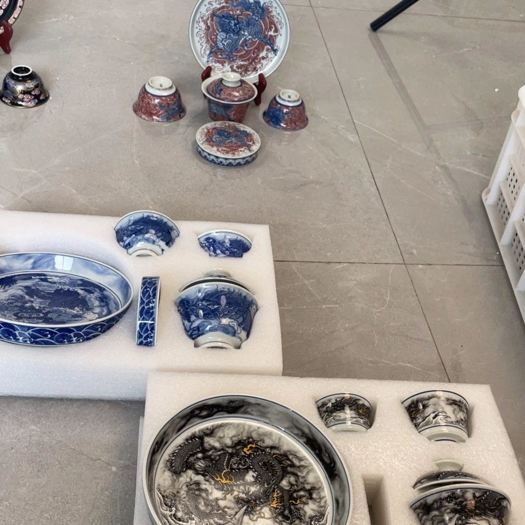 G***o瓷片景德镇麒麟墨龙腾龙三套