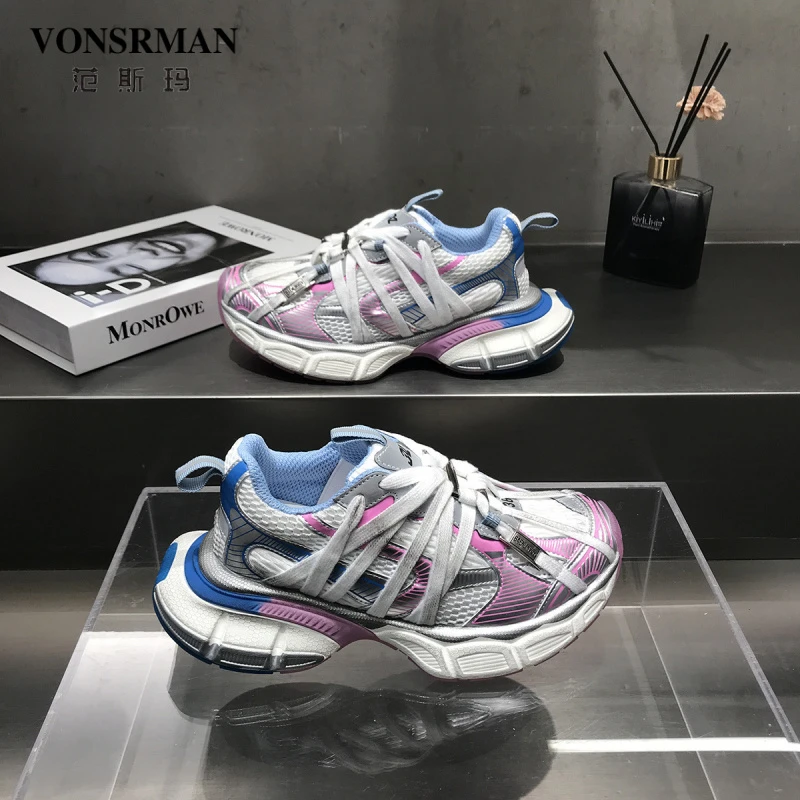 老爹鞋女2025新款做旧擦色潮牌蜘蛛精金属B网面厚底休闲运动女鞋