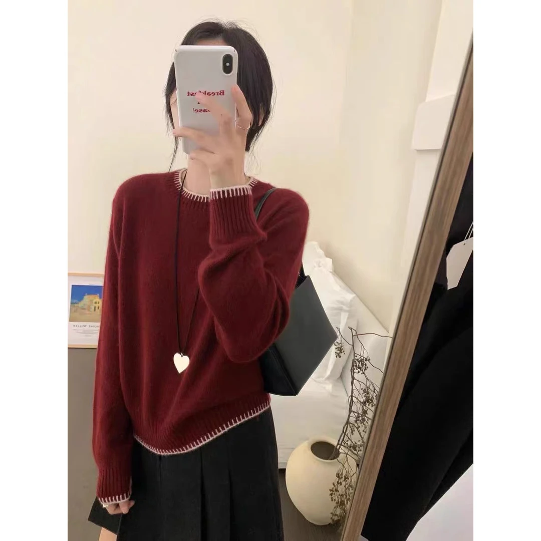 【撞色蜜熊】圆领撞色针织衫套头韩版宽松毛衣打底衫  HZ-042