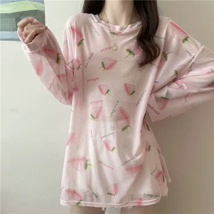 夏季慵懒风宽松薄款网纱粉色草莓甜心防晒服中长款上衣长袖t恤女