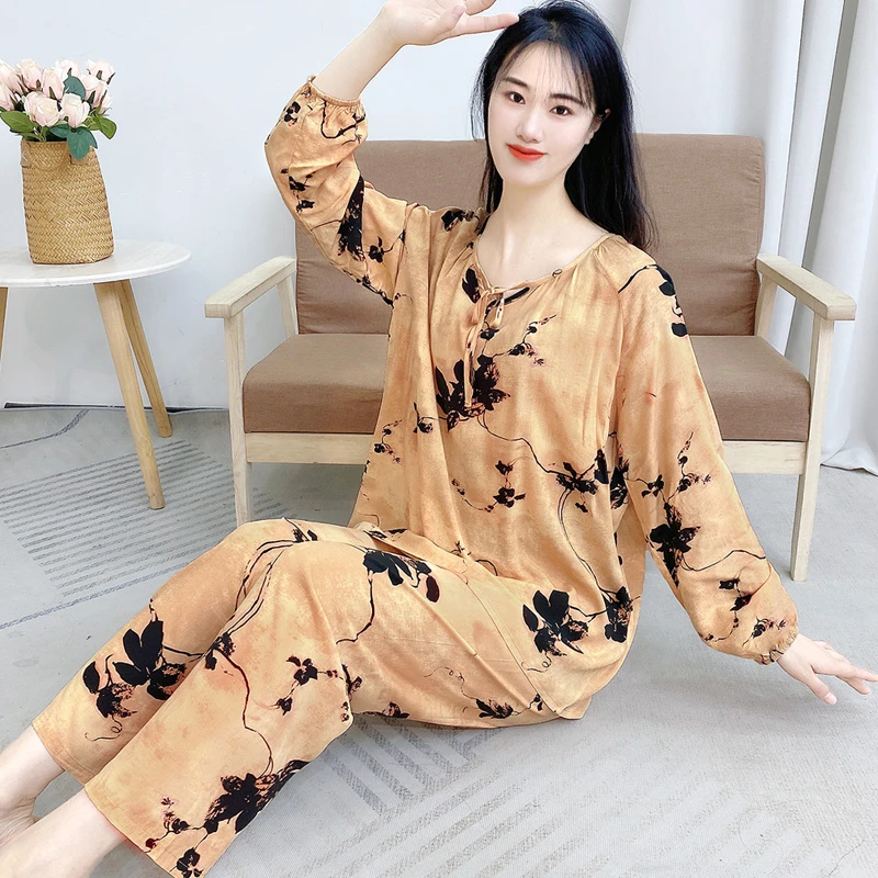 春秋款棉绸睡衣女2025新款国风大码长袖长裤可外穿家居服套装Y153